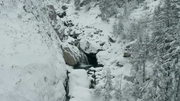 Aerial Dolly Small Waterfalls Snowcovered Wilderness — Video