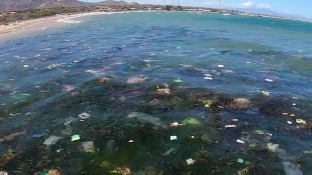 Close Plastic Bags Float Sea Water Surface Polluting Coast Vietnam — Vídeos de Stock