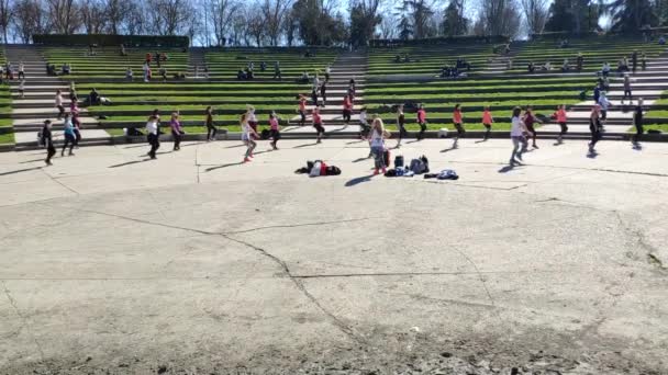 Closer Recording Big Group People Exercising Together Zumba Class Public — Vídeo de stock