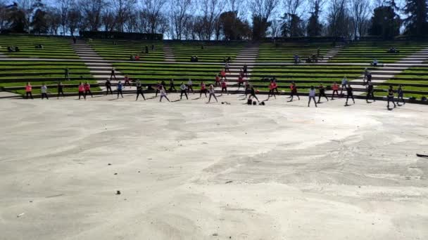 Big Group People Exercising Together Zumba Class Public Park Them — Vídeos de Stock