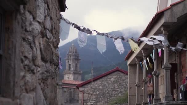 Celebrating Flags Hanging Saint James Way Bell Tower Monastery Oia — Vídeo de Stock