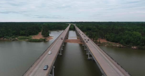 Aerial Cars Driving Bridge Crosses San Jacinto River Houston Texas — Stock video