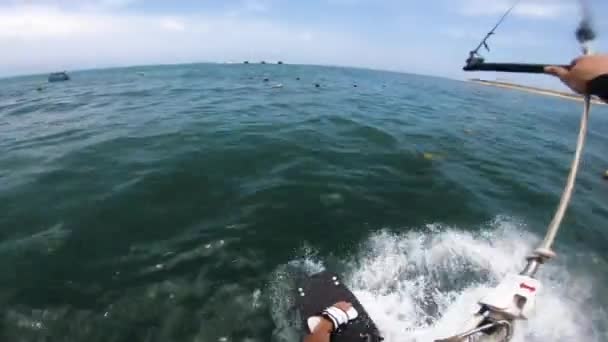 Spectacular Pov Shot Male Kite Surfer Surfing Fishing Nets Pacific — Vídeos de Stock