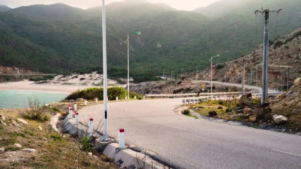 Lone Surfer Motorbike Road Trip Scenic Coastal Highway Vietnam — Video