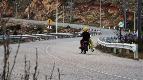 Rear View Surfer Drives Motorcycle Surfboard Exploring Coast Vietnam — Video