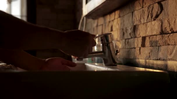 Side Shot Washing Hands Slow Motion Sink Faucet Early Morning — 图库视频影像