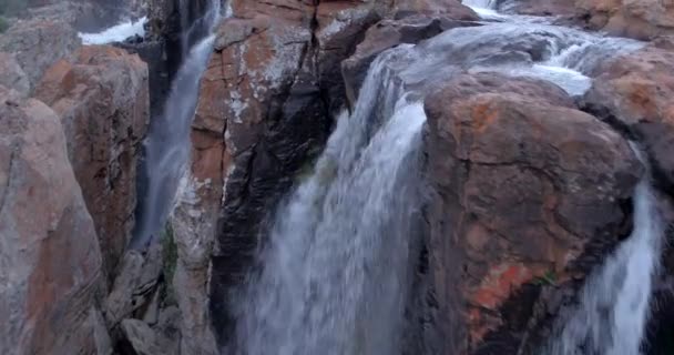 Drone Aerial Tracking Rapidly Falling Fresh Water Rough Rocky Terrain — Stockvideo