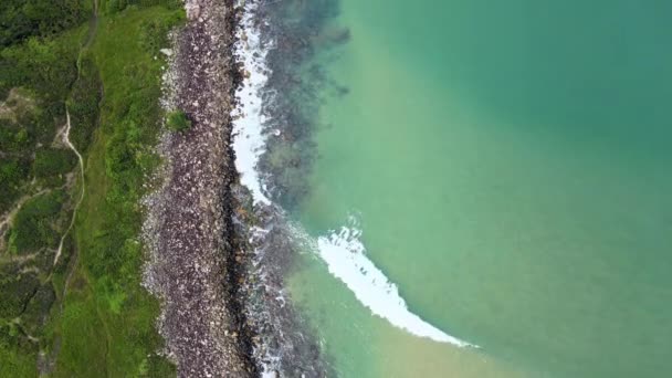 Aerial Top View Drone Footage Ocean Waves Reaching Green Shore — Stock Video