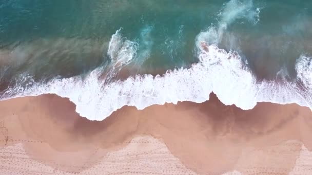 Aerial Top View Ocean Waves Reaching Beach Shore Drone Footage — 비디오