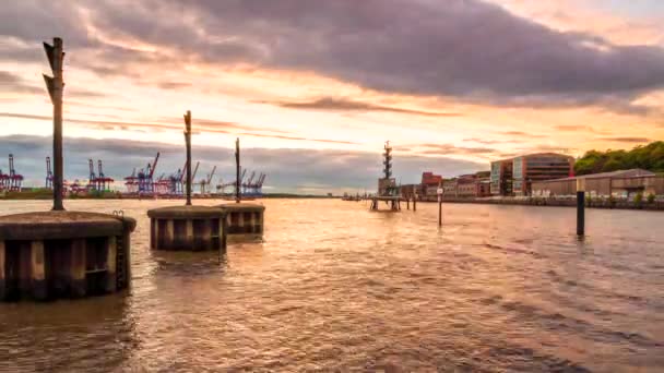 Потрясающий День Ночь Порту Гамбург Реке Эльбе Огромными Контейнерами Проходящими — стоковое видео