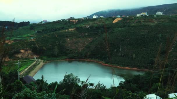Static View Turquoise Lake Nestled Wooded Hills Lat Vietnam High — Video
