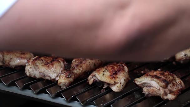Well Grilled Chicken Legs Breast Being Turned Bbq Grill — Stockvideo