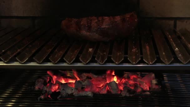 Grilled Picanha Brazilian Juicy Meat Steak Flame Grill Fiery Coal — Stok video