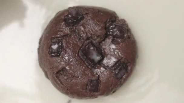 Delicious Chocolate Chip Cookie Emerges White Milk Top View — Stockvideo