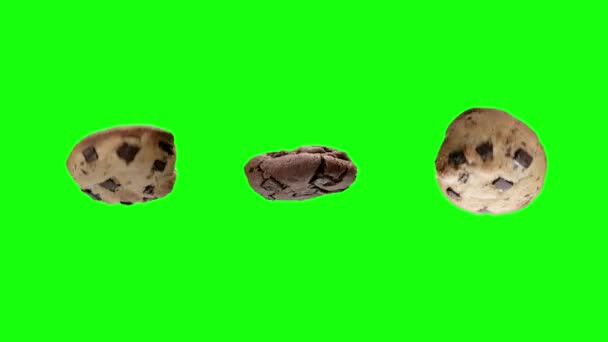 Three Types Chocolate Chip Cookie Rolling Isolated Green Screen Background — Video Stock