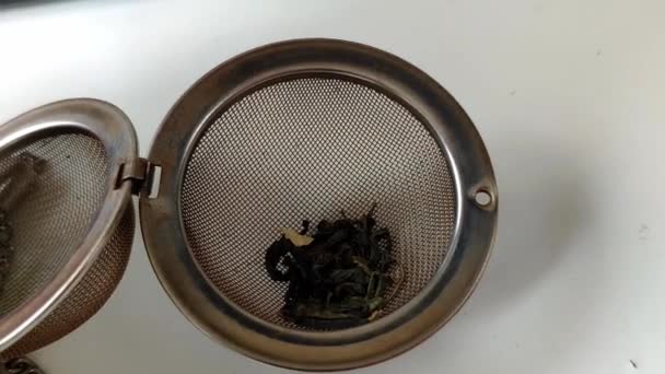 Stainless Steal Filter Tea Ball Being Filled Loose Green Tea — Stock video