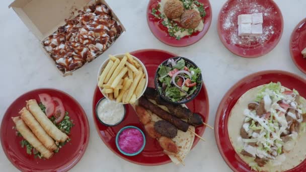 Flat Lay Placing Red Plate Table Turkish Mediterranean Cuisine — Stok Video