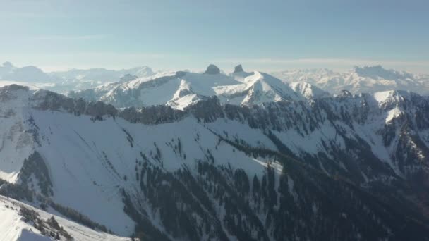 High Angle View Beautiful Snow Covered Valley Filled Green Pine — Vídeos de Stock