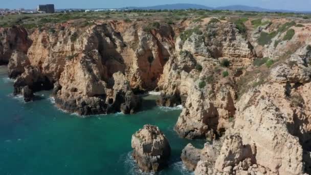 Stunning Aerial Beautiful Blue Sea Eroded Cliffs Shore — Stock video