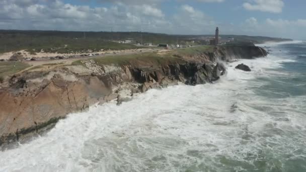 Aerial Rocky Cliffs Big Waves Coming Sea Hitting Rocks — Stock video