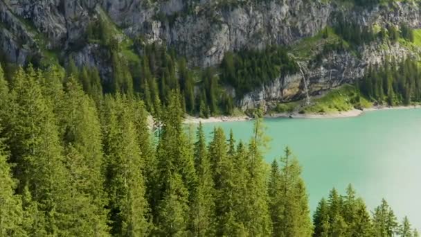 Drone Flying Tree Tops Beautiful Blue Lake — Stock video