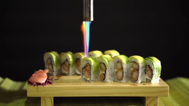 Sushi Black Background Being Flame Torched — Vídeos de Stock