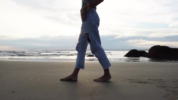 Young Beauty Female Walking Barefoot Sandy Coastline Side View — Stok video