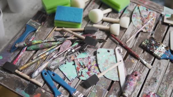 Painting Tools Wooden Table Street Art Graffiti Tools People — Wideo stockowe