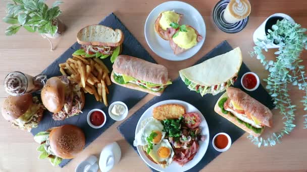 Cafe Latte Pushed Frame Next Brunch Flat Lay Sandwiches Burger — Vídeo de Stock