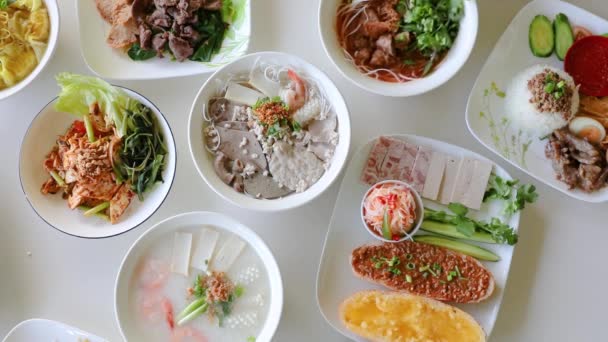 Male Hand Spinning Vietnamese Noodle Soup Visually Appealing Flat Lay — Video