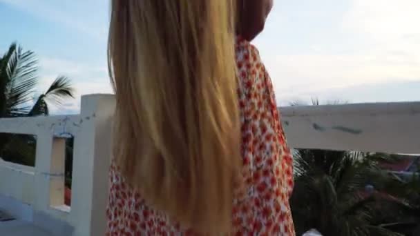 Beautiful Blonde Girl Admiring Nature Terrace Gimbal Pedestal Shot — Stok video