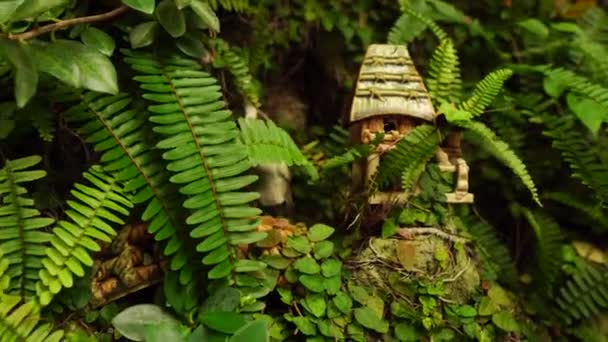 Wooden Man Made House Statue Vietnam Jungle Foliage Close View — Stock video