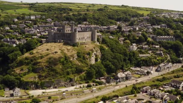 Κάστρο Harlech Harlech Gwynedd Ουαλία Ηνωμένο Βασίλειο Δείχνει Πώς Ακτή — Αρχείο Βίντεο