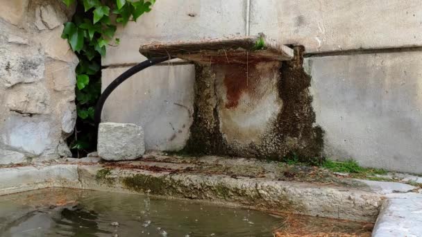 Old Stone Fountain Small Village Some Green Leaves Corner Water — Stockvideo