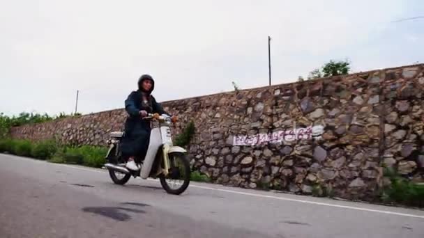 Young Caucasian Woman Overcoat Riding White Moped Motor Scooter Countryside — ストック動画