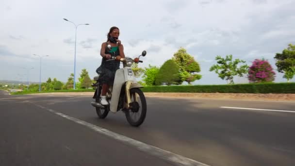 Slow Motion Blonde Fashionable Model Riding White Moped Open Road — Stockvideo