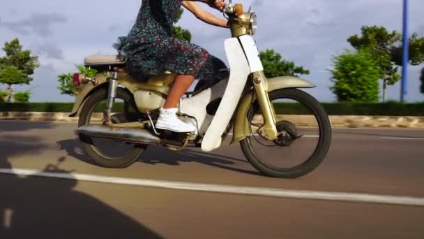 Woman Riding Motorcycle Highway Road Slow Motion Summer Dress — ストック動画