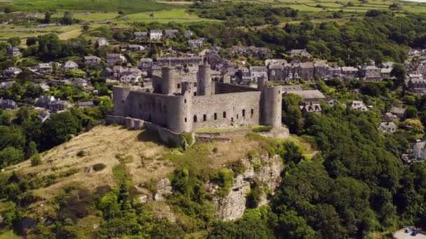 Harlech Castle North Wales Gwynedd Shot Drone Show Proximity Castle — 图库视频影像