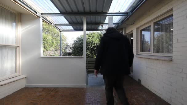 Man Walking Stair Case Patio Area Backyard Area — Stock video