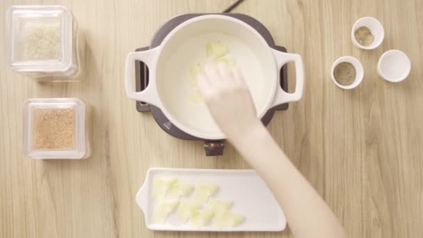 Woman Chef Putting Cheese White Sauce Cooking Pot Electric Stove — Vídeos de Stock