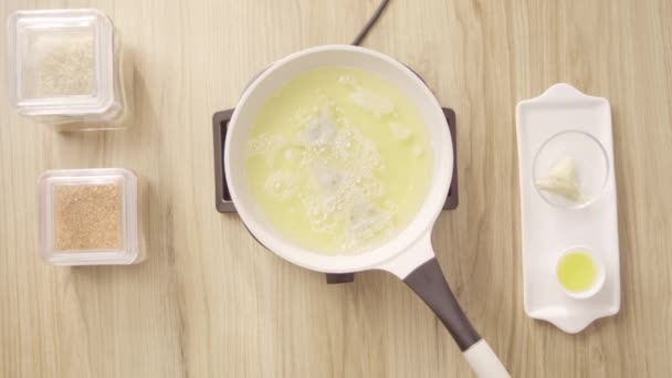 Frying Ramadan Briwat White Pot Burning Oil Top Shot Static — Stockvideo