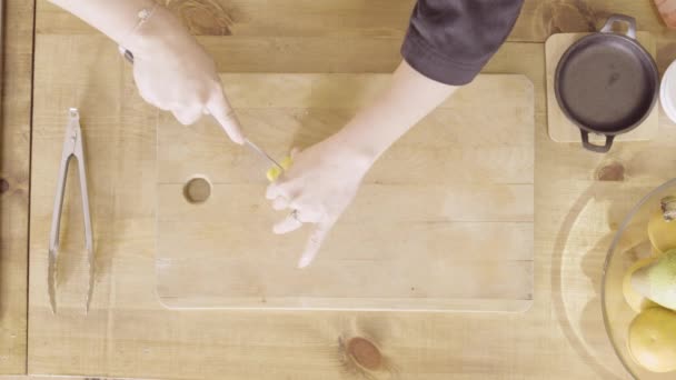 Female Chef Cutting Lemon Wooden Board Table Ingredient Top View — Vídeos de Stock