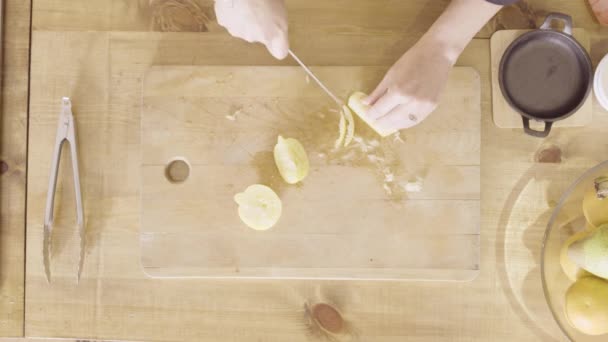 Chef Cook Cuts Lemon Sharp Knife Wooden Board Top View — Video