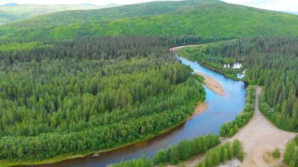 Drone Video Truck Right Shot Beautiful Bend Chena River Runs — Stockvideo