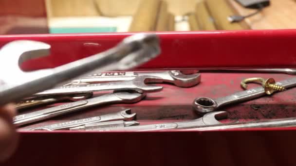 Wrenches Other Tools Being Removed Red Tool Box — Stock videók