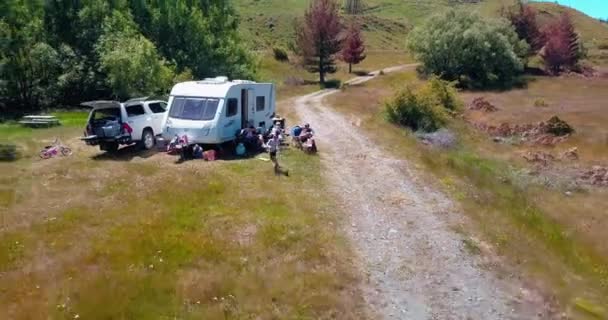 Family Camping Trip Lake Pukaki New Zealand South Island Dolly — Wideo stockowe