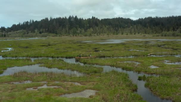 Tracking Shot Two People Paddling Canoe Green Estuary — ストック動画