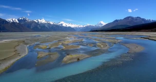 Epic Aerial Push Tasman River Cook New Zealand Highest Peak — ストック動画