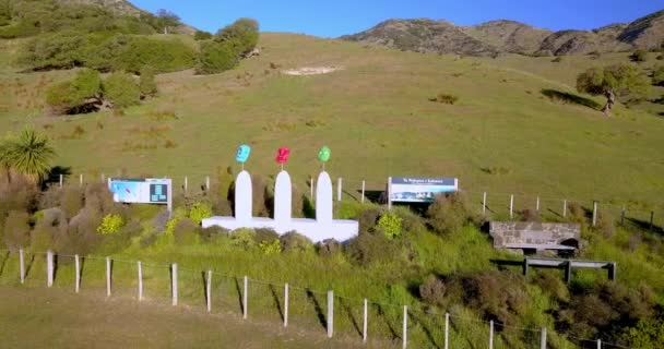 Information Signboards Artistic Installation Maori Masks Welcome Visitors Port Levy — Vídeo de Stock