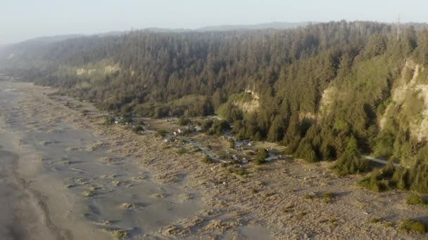 Slow Panning Drone Shot Campground Redwood Trees Beach Ocean Waves — Video Stock